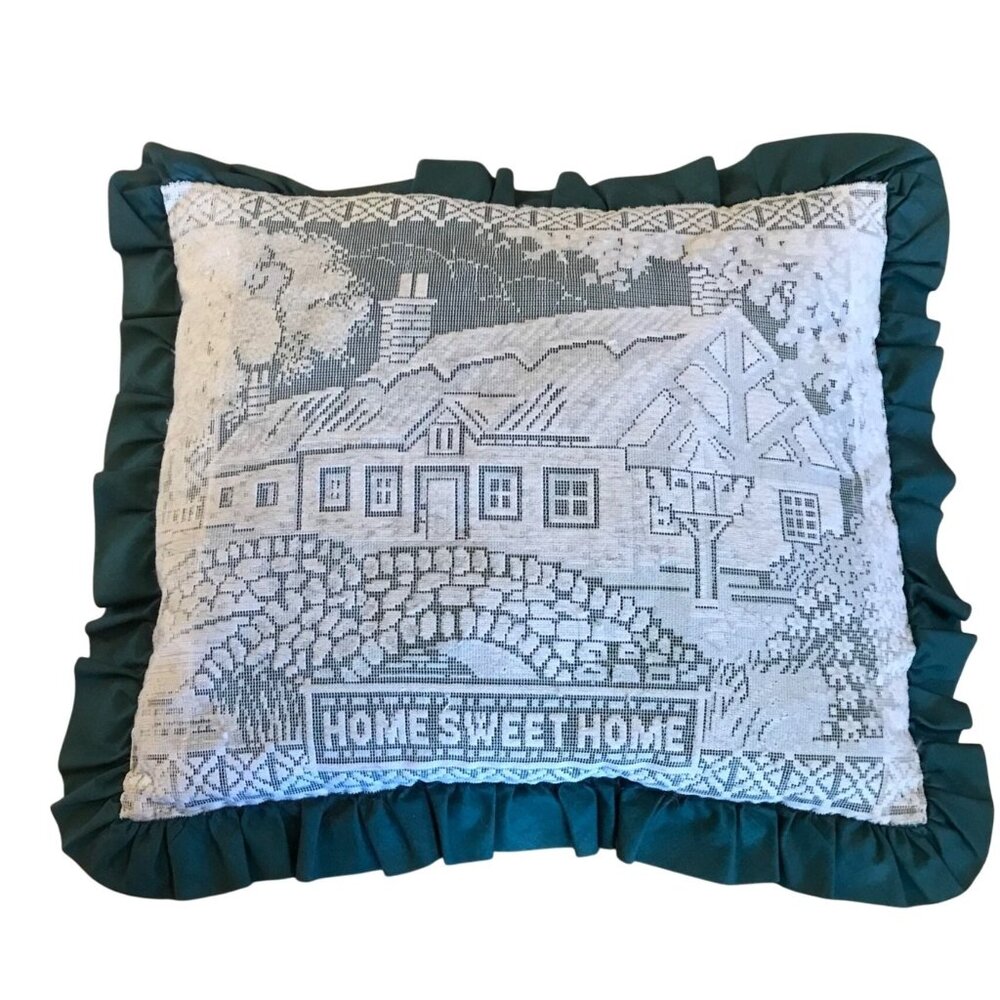 Pillow Home Sweet Home White Lace Overlay Teal Ruffled 17" Country Cabin Vintage